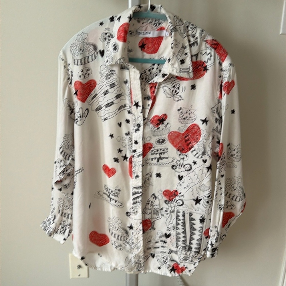 Bimba Y Lola oversized white Nickname Heart button down shirt blouse, size M